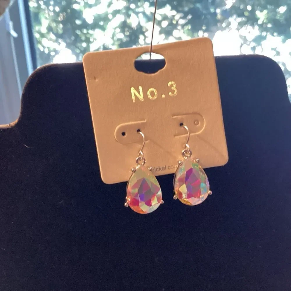 Iridescent Teardrop Earrings in Silvertone Basket Setting